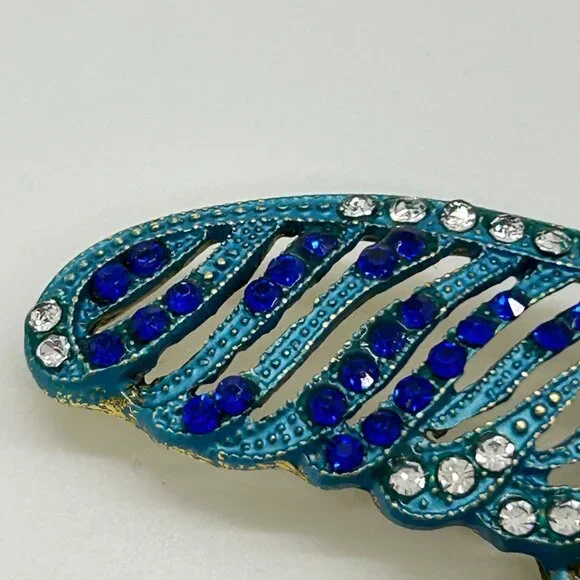 Dragonfly Brooch Articulated Tail Blue Teal Rhinestones Statement 5 inch wide - Picture 13 of 16